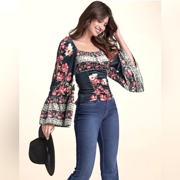 VENUS Tops - VENUS Boho Top, Bell-Sleeves, Black With Floral/Cream Border, Size: Small NWOT